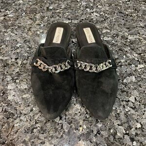 Steve Madden Tylee Black Suede Leather Mules with Silver Chain Accent Size9